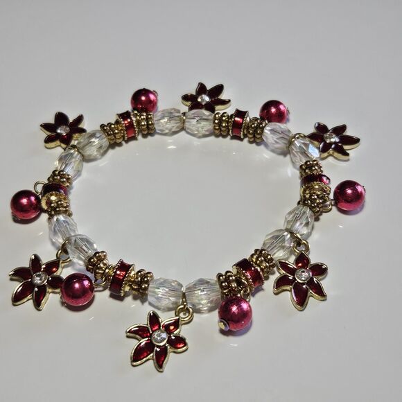 Christmas Gold Tone Red Poinsettia Red Balls Stretch Bracelet Glass Beads 7.5" - Picture 13 of 15